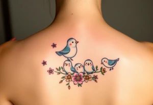 Mom bird and three baby birds with flowers tattoo idea