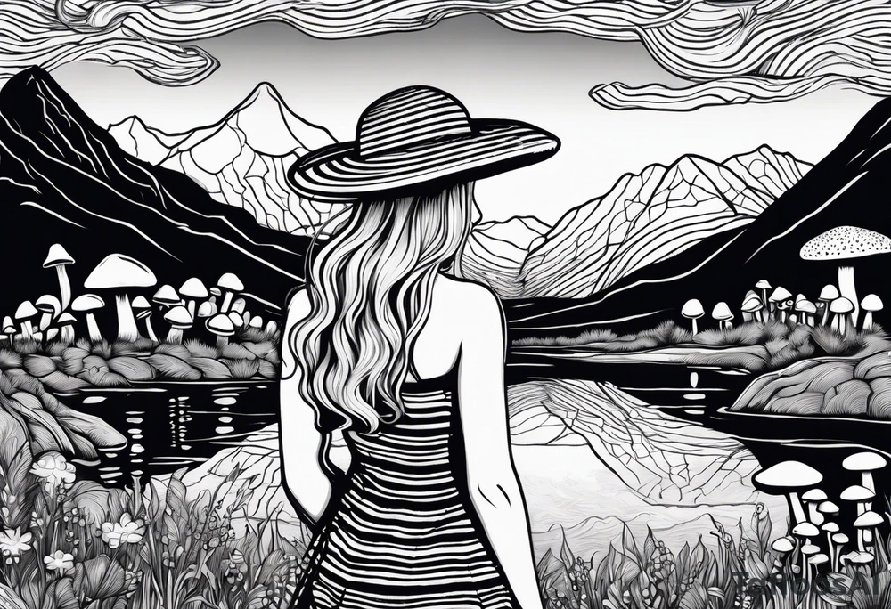 Straight long blonde hair hippie girl in distance holding mushrooms in hand facing away toward mountains and creek surrounded by mushrooms black and white striped dress tattoo idea