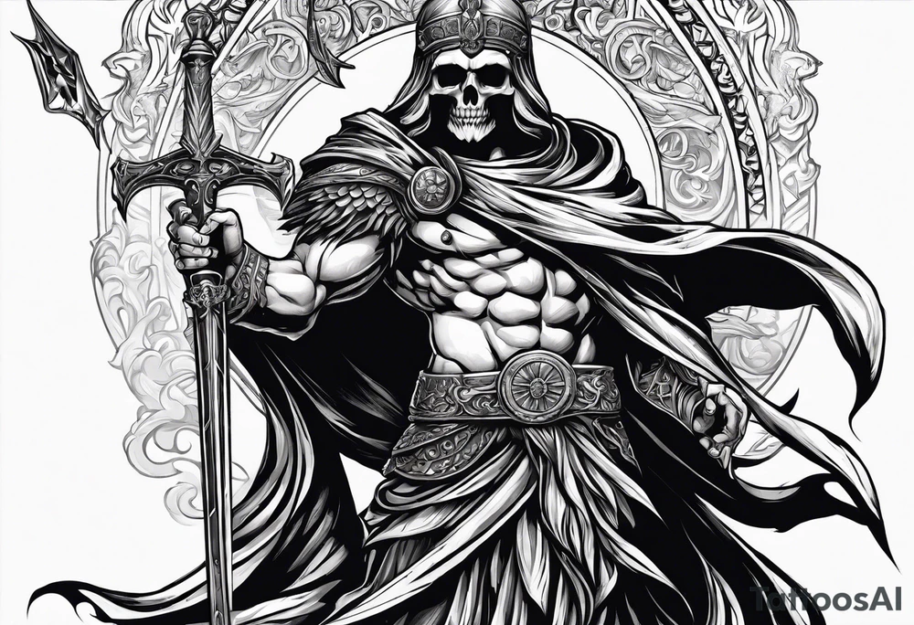 Thanatos, the greek god of death, holding a sword and a torch tattoo idea