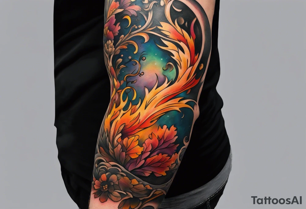 Arm Sleeve Tattoo with fall colors,  flattened tattoo idea