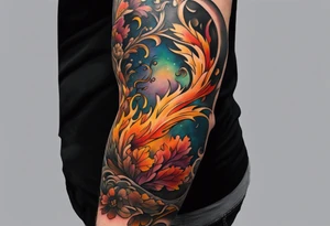 Arm Sleeve Tattoo with fall colors,  flattened tattoo idea