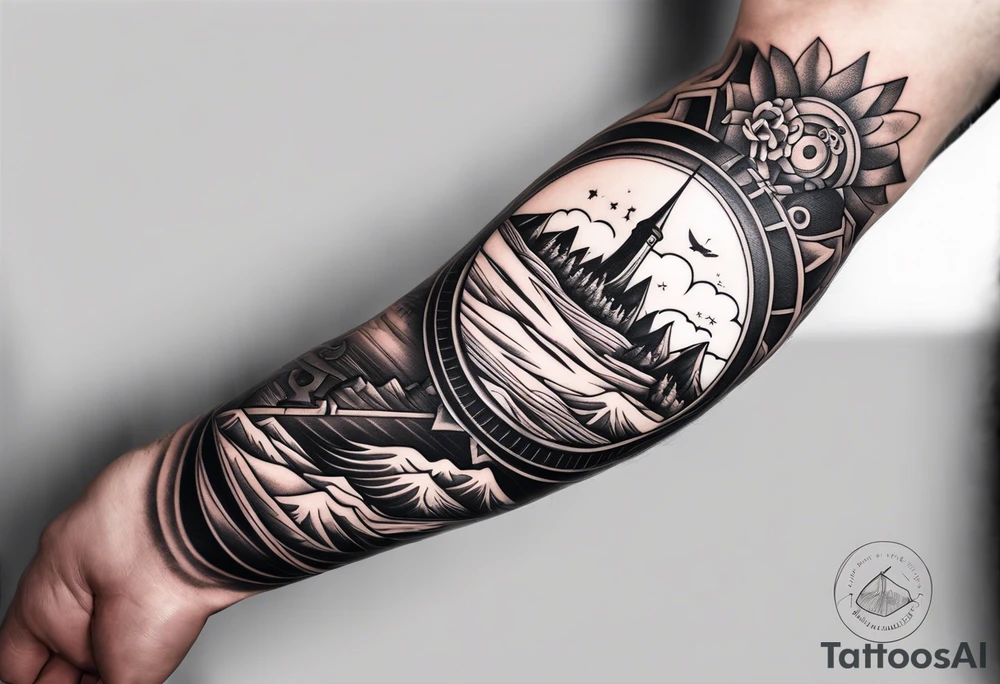 welsh, Cardiff, landscape sleeve tattoo with an infusion of technology, steam punk tattoo idea