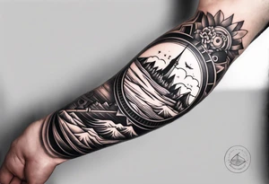 welsh, Cardiff, landscape sleeve tattoo with an infusion of technology, steam punk tattoo idea