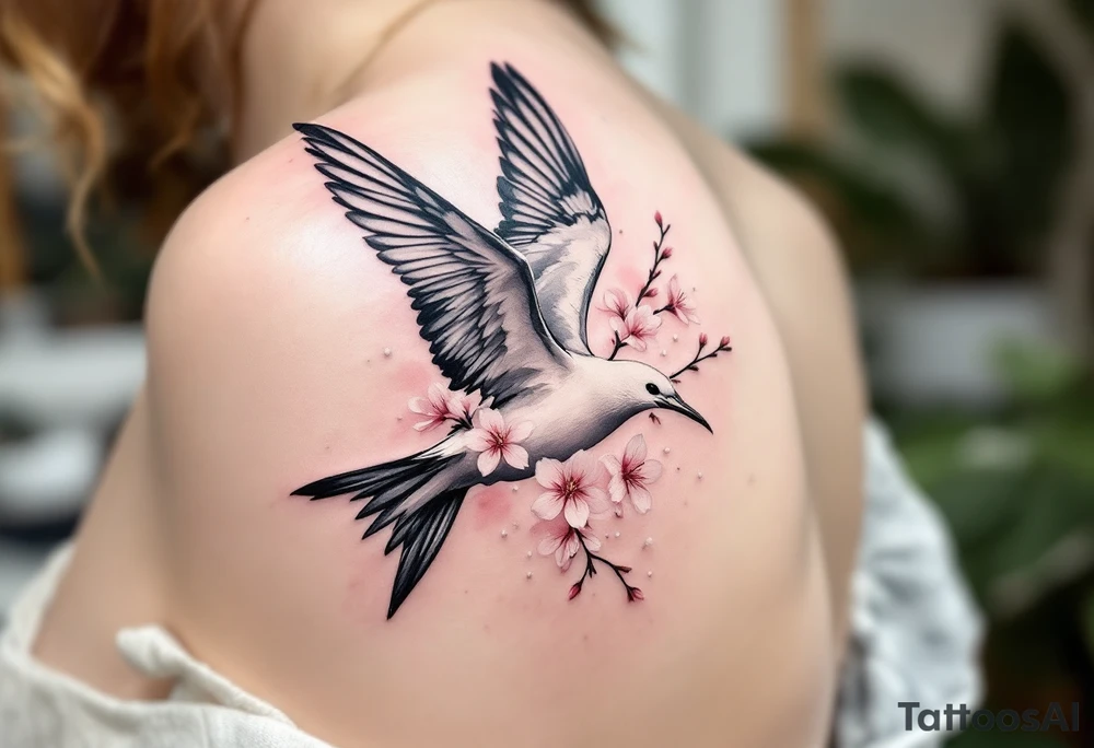 Flying Albatross with Cherry Blossoms – The bird flying over pink and white cherry blossoms, adding contrast and softness to the majestic shape. tattoo idea