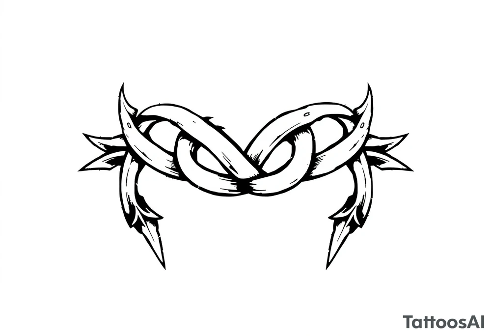 A Celtic knot armband with interwoven loops, featuring pointed ends that give it a dynamic, thorned or blade-like appearance that incorporates nature through roots Designed to wrap around the arm like a torc or tribal band tattoo idea