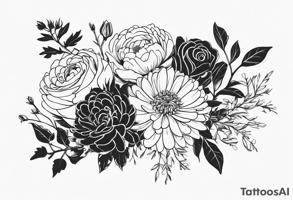 Asters, roses, hawthorns, and chrysanthemums in a long line tattoo idea