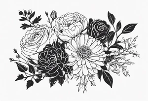 Asters, roses, hawthorns, and chrysanthemums in a long line tattoo idea