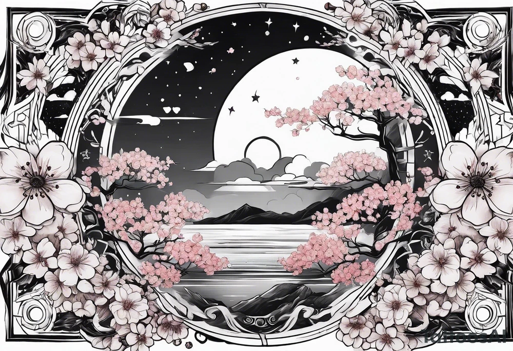 solar system with cherry blossoms spread about spine tattoo idea