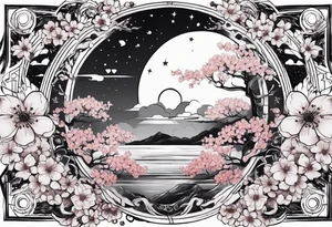 solar system with cherry blossoms spread about spine tattoo idea