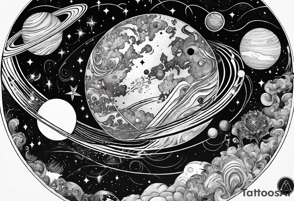 A tattoo featuring a cosmic scene with planets, black holes, and supernovae intertwined with intricate linguistic symbols, reflecting the client's interests in cosmology and linguistics. tattoo idea