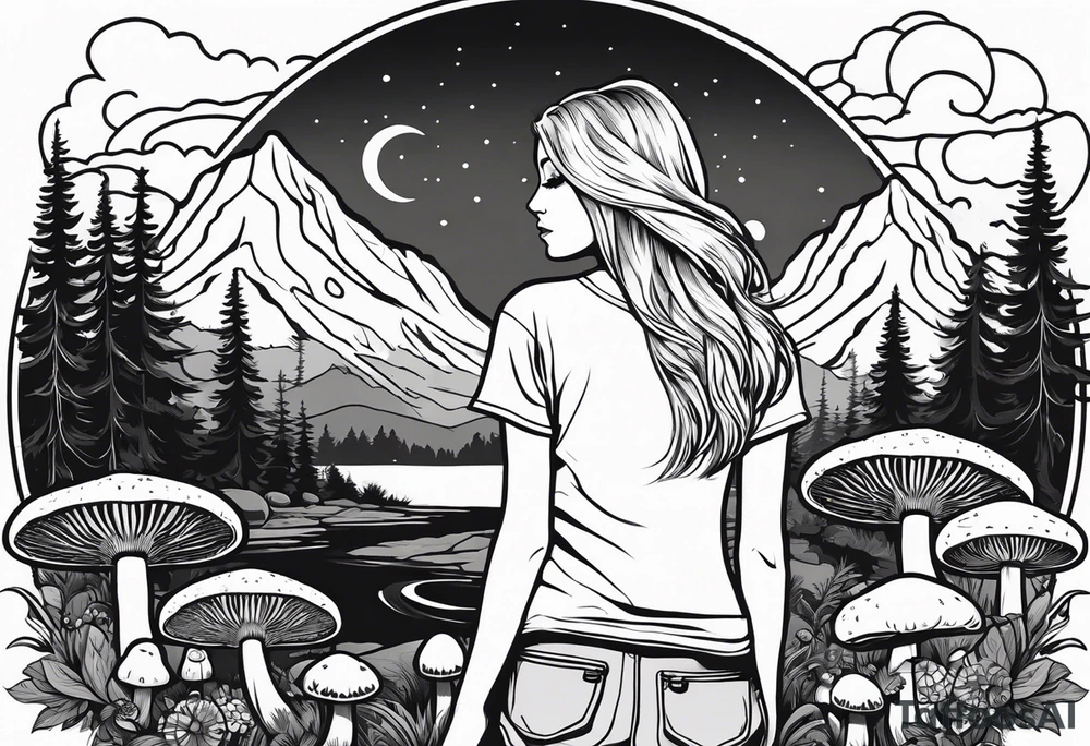 Whole picture encircled fully

Straight long blonde hair hippie girl in distance holding mushrooms in hand facing away toward mountains and creek surrounded by mushrooms tee shirt and hiking pants; whole rendering within a full circle, no cut off circle tattoo idea