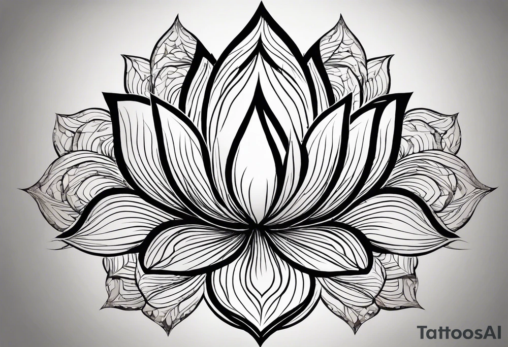 Make a tattoo of a lotus flower, stone, a science helix and a Greek delta in the shape of a lotus flowe that will take up the upper left portion of my back. the lotus’s leaves a rocky area to symbolize strength, a helix to symbolize resiliency and a Greek delta to symbolize transformation. The tattoo should overall represent resiliency and strength and present a strong, firm foundation that displays strength in the face of trauma. Make sure to also be able to identify the rock, the helix and the delta symbol separately and not mixed together as each element is important tattoo idea
