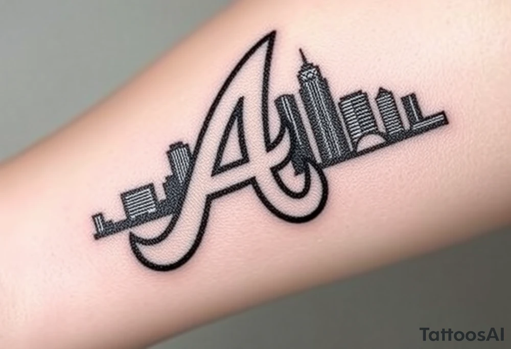 Atlanta Braves letter logo “A” overlapping a 3D Atlanta skyline behind the logo tattoo idea