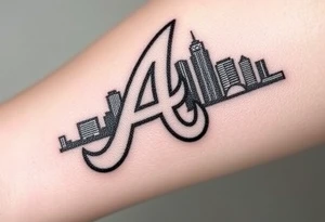 Atlanta Braves letter logo “A” overlapping a 3D Atlanta skyline behind the logo tattoo idea