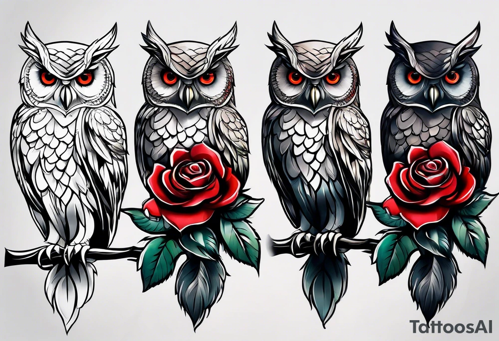 Color owl. 
Three red roses 
On the forearm tattoo idea