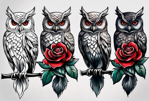 Color owl. 
Three red roses 
On the forearm tattoo idea