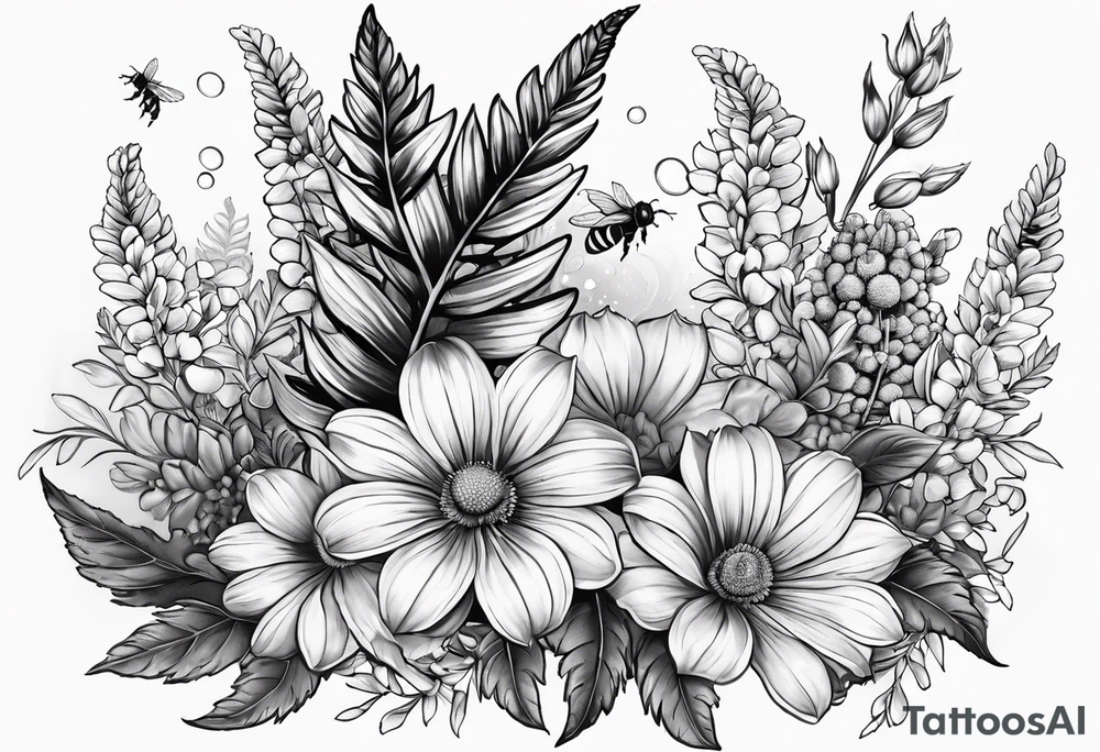 Half sleeve with crisanthium, ferns, leaves, and complimentary flowers with small bees tattoo idea