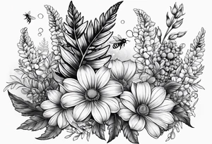 Half sleeve with crisanthium, ferns, leaves, and complimentary flowers with small bees tattoo idea