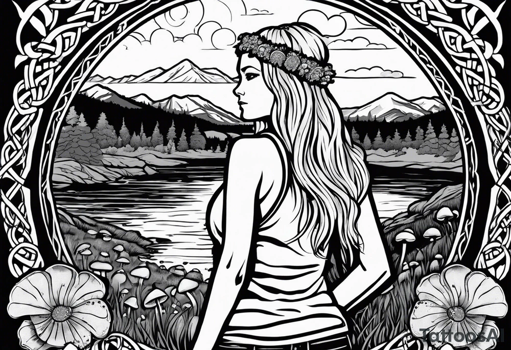 Whole picture encircled fully

Straight long blonde hair hippie girl in distance holding mushrooms in hand facing away toward mountains and creek surrounded by mushrooms long sleeve shirt and hiking pants; whole rendering within a full celtic circle border, no cut off circle tattoo idea