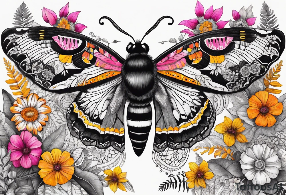 Botanical garden with ferns, black, white, orange, yellow, pink, Fuschia, Madagascan  moth, bee, mandalas, colorful, boho tattoo idea