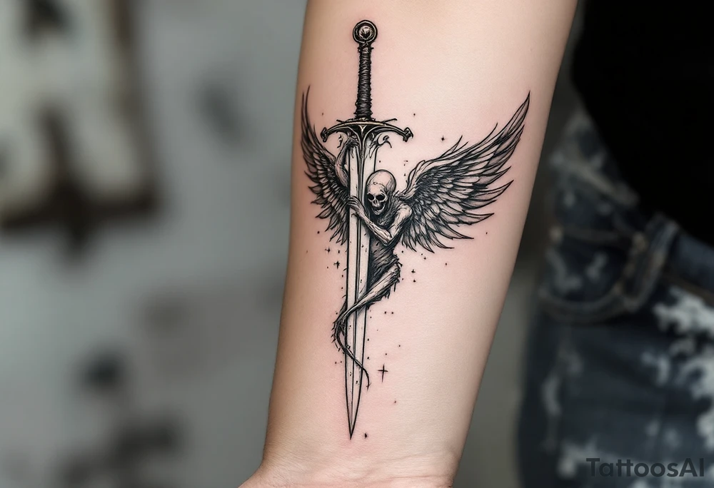 Momentum mori engraved on the sword of the angel of death tattoo idea