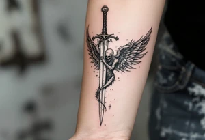 Momentum mori engraved on the sword of the angel of death tattoo idea