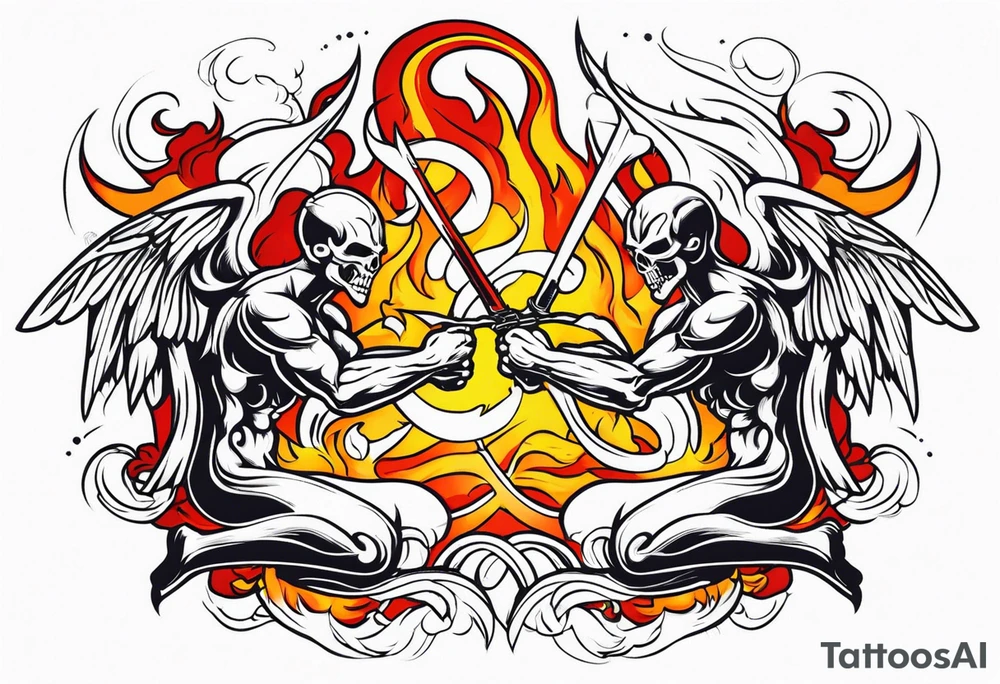 Angels fighting demons over fire with skuls in the background tattoo idea