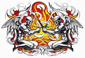 Angels fighting demons over fire with skuls in the background tattoo idea