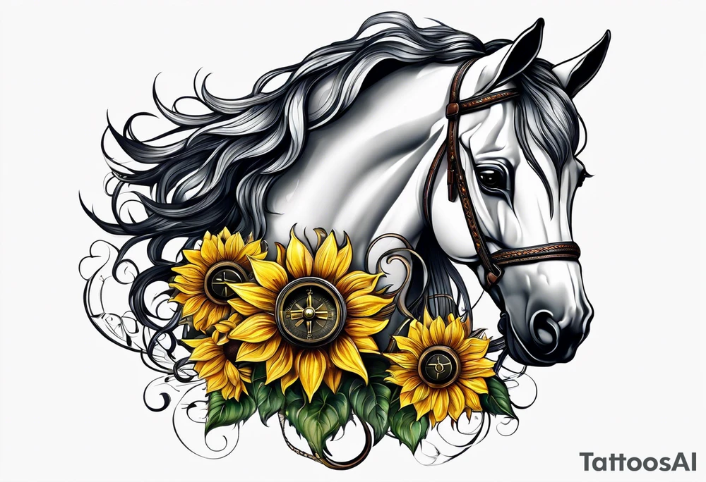 Horse, compass, sunflower tattoo idea