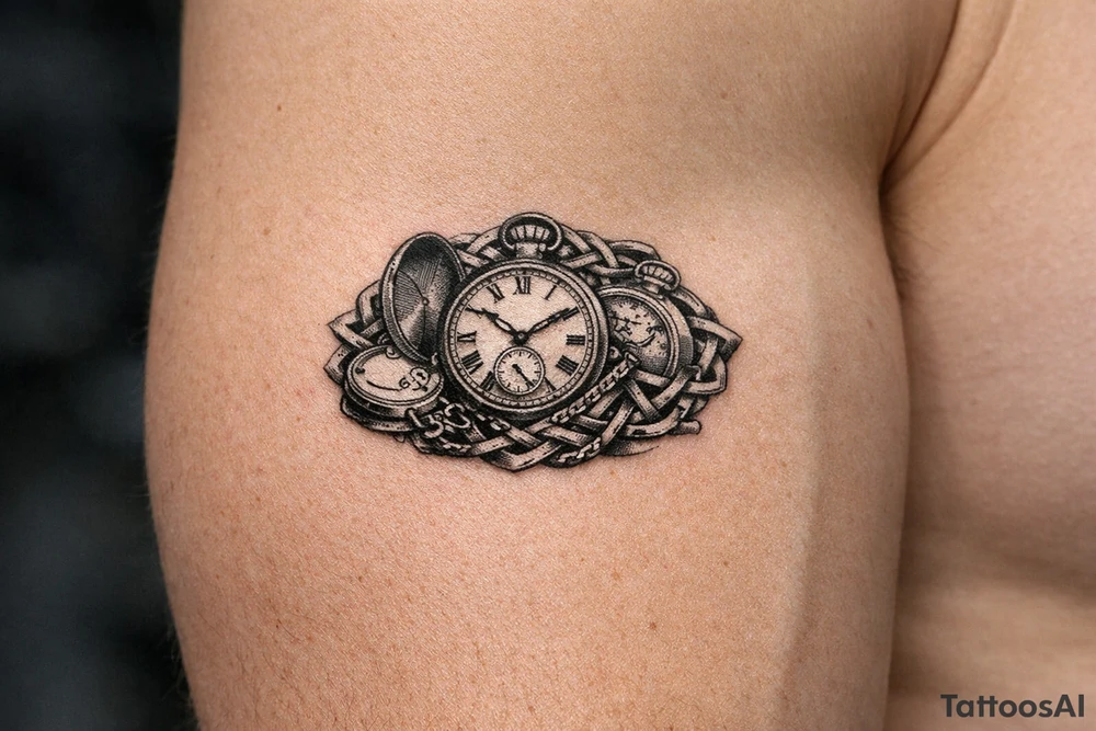 large size Cluster of vintage pocket watches, some open, some closed, woven with Celtic braids. tattoo idea