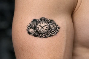 large size Cluster of vintage pocket watches, some open, some closed, woven with Celtic braids. tattoo idea