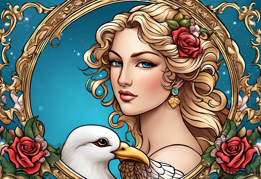 Portrait of Aphrodite: A face or full-length image of the goddess, often in a realistic style, perhaps decorated with flowers, seashells, or doves.rose, doves, shells and a mirror in his hand. background sea, blue roses frames,, romantic,background  boy with wings and a bow, cupido tattoo idea