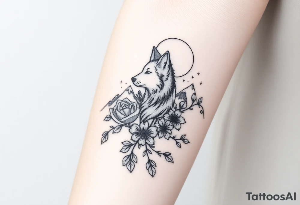Rose vine with wolf, moon and stars mountains wrap tattoo idea Rose vine with wolf, moon and stars mountains wrap tattoo idea