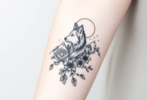 Rose vine with wolf, moon and stars mountains wrap tattoo idea