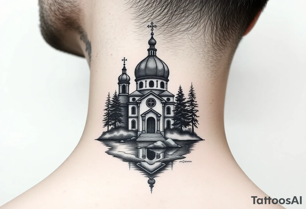 medium sized russian orthodox dome church with a separated virgin mary praying beside a lake and pine trees on the sized of my neck tattoo idea