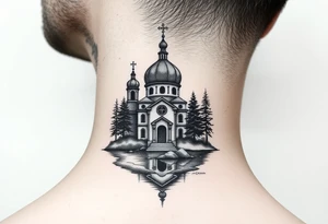 medium sized russian orthodox dome church with a separated virgin mary praying beside a lake and pine trees on the sized of my neck tattoo idea