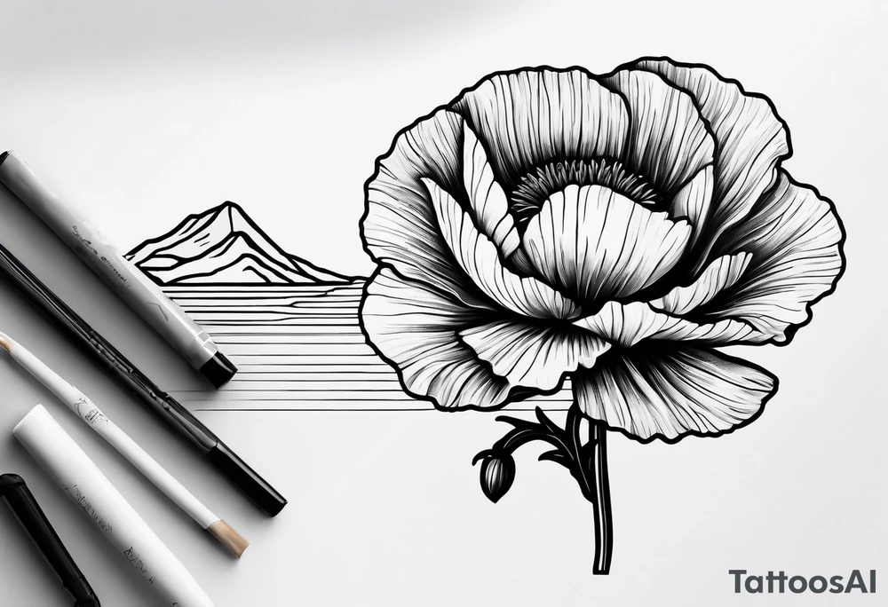 small poppy flower with mountains above it and the ocean below it tattoo idea
