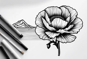 small poppy flower with mountains above it and the ocean below it tattoo idea