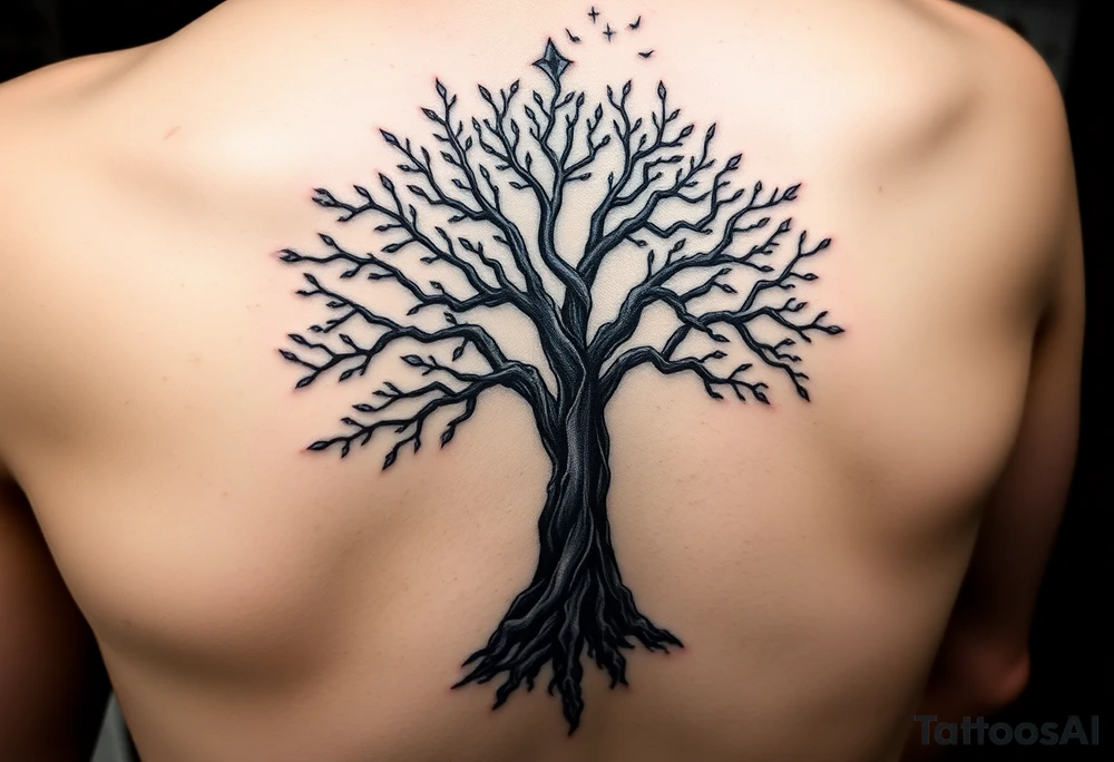 mystical tree of life with cosmic roots and celestial branches tattoo idea