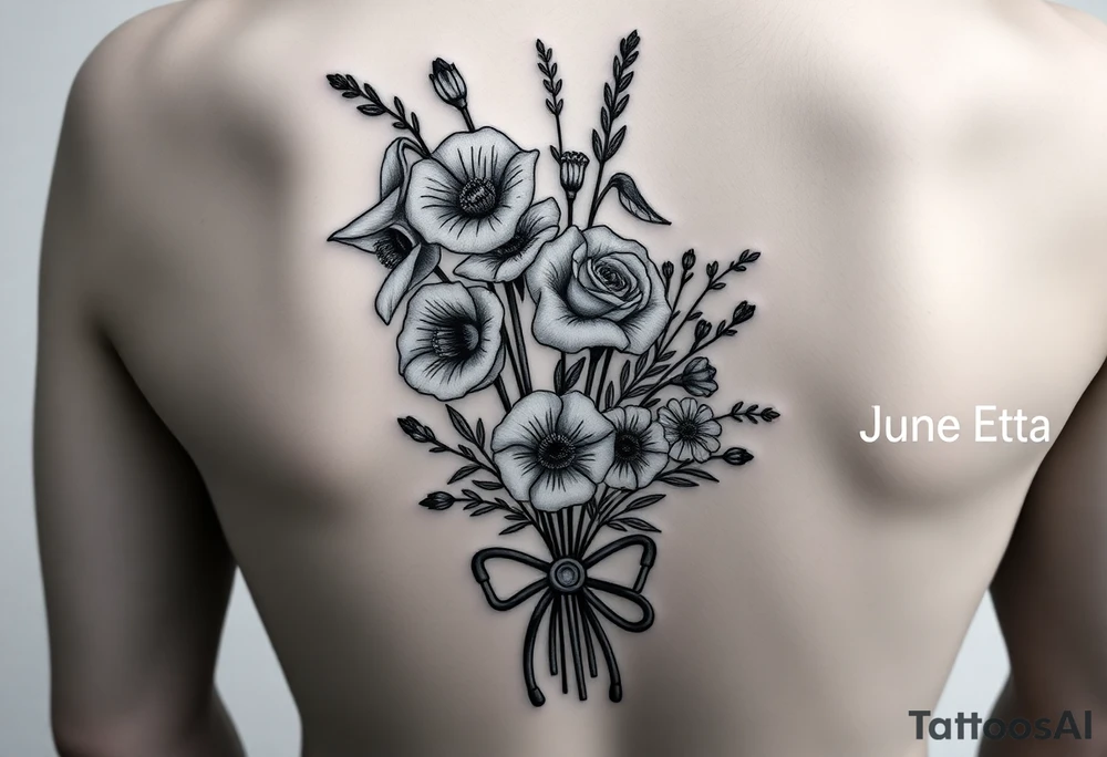 6 inches tall by 4 inches wide approximately, black and white tattoo with a bouquet of hollyhocks, one wild rose, and two wild flowers, put a stethoscope along the side without putting it into the bouquet and the name June Etta , make the tattoo taller than it is wide, make the bouquet have a bow towards the bottom holding the flowers like they had just been picked from the garden still with the stethoscope along the side tattoo idea