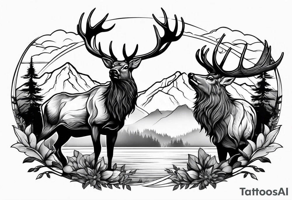 two elk fighting with mountains and stream in background tattoo idea