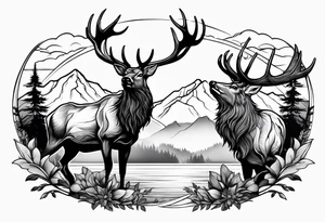 two elk fighting with mountains and stream in background tattoo idea