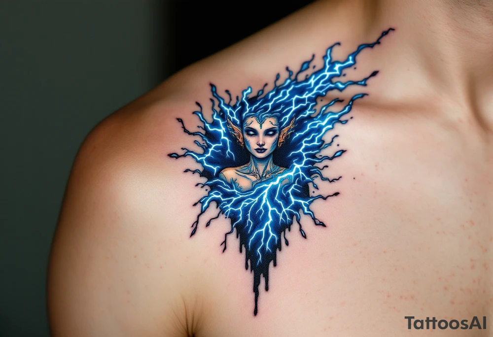 A surreal figure of Aquarius formed by merging water and electricity, crackling with blue and white lightning. tattoo idea