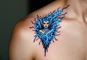 A surreal figure of Aquarius formed by merging water and electricity, crackling with blue and white lightning. tattoo idea