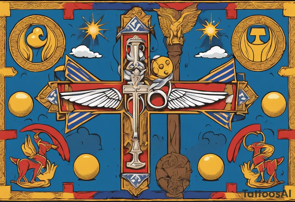 A medieval cross with an assyrian flag in the middle. A crown om top of the cross. The assyrian king Sennacherib. A sun and a moon. A cloud with rain and thunder. charizard. an imperfect cirkle. a candle. a swan. lemons. the god asshur with wings. an ankh. angel wings with a halo. surrounded by olive branches and feathers. all black and white. no shadowing. tattoo idea