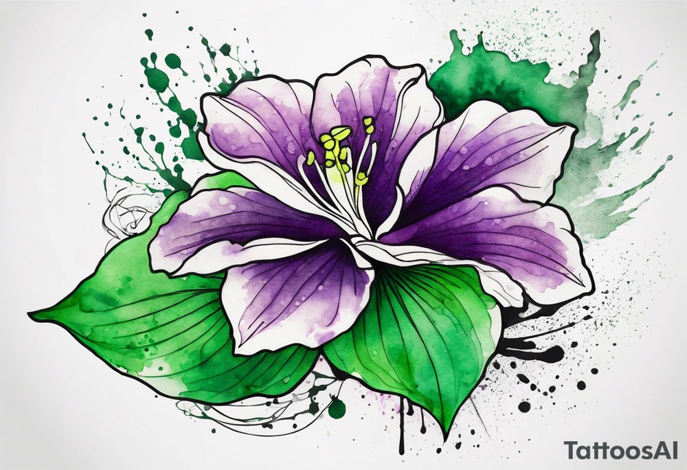 An outline of a green rio dipladenia flower and a green and purple watercolor splash in the background tattoo idea
