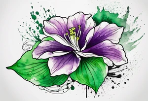 An outline of a green rio dipladenia flower and a green and purple watercolor splash in the background tattoo idea