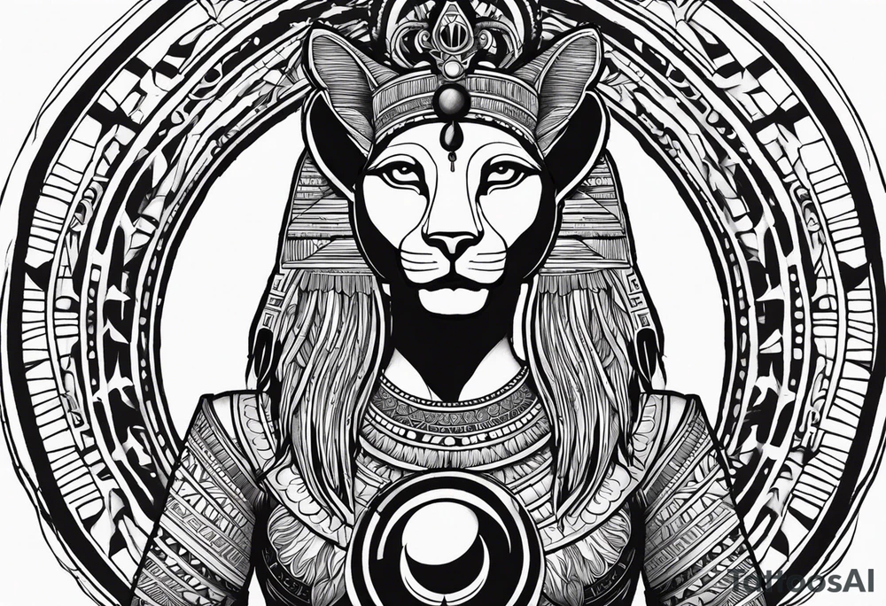 Full body of Ancient Egyptian goddess sekhmet, lioness head with black sun disk above her head and woman's body. She looks straight ahead and ready for battle looking fearless and powerful holding an ankh in one hand and a papyrus sceptre in another, she has long hair flowing tattoo idea