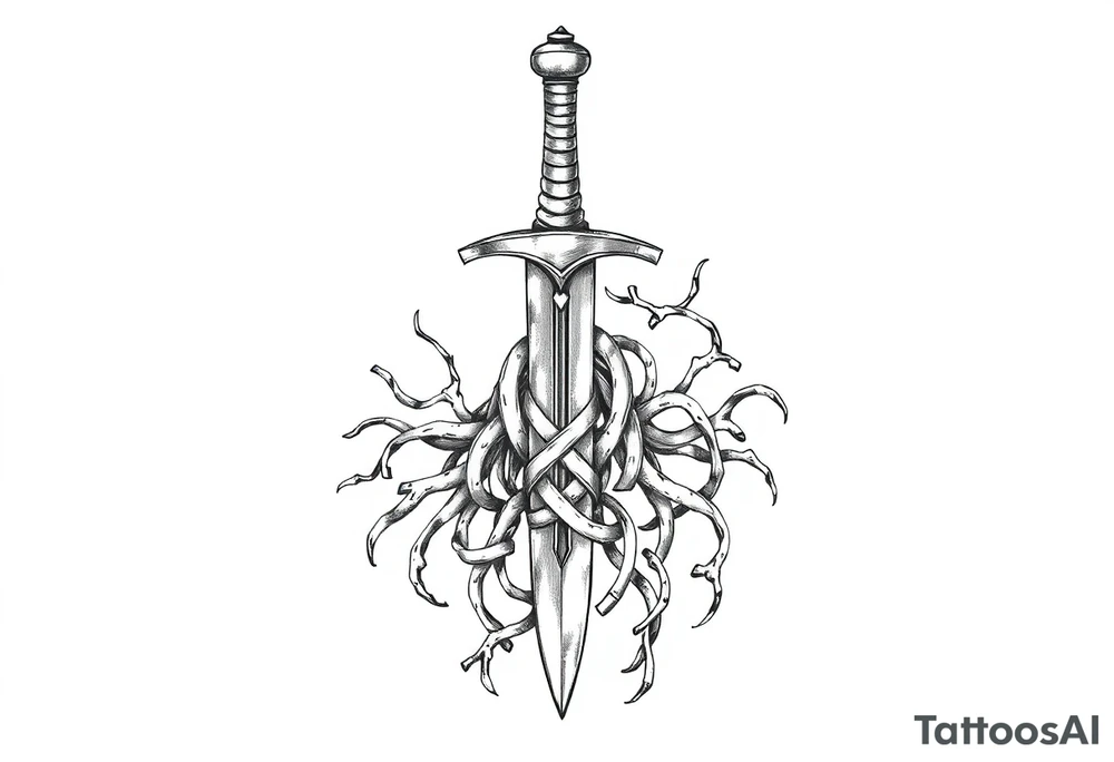 Armband tattoo of a single sword with covered in a Celtic knot roots tattoo idea