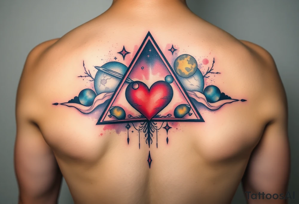 A single triangle with a heart in the center with planets and galaxy in background tattoo idea